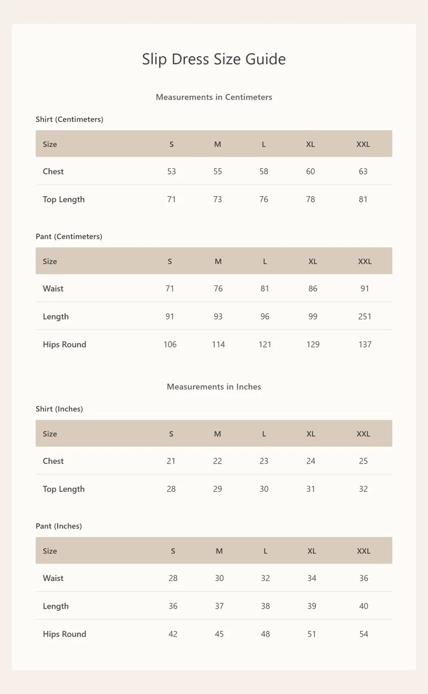 Product size chart